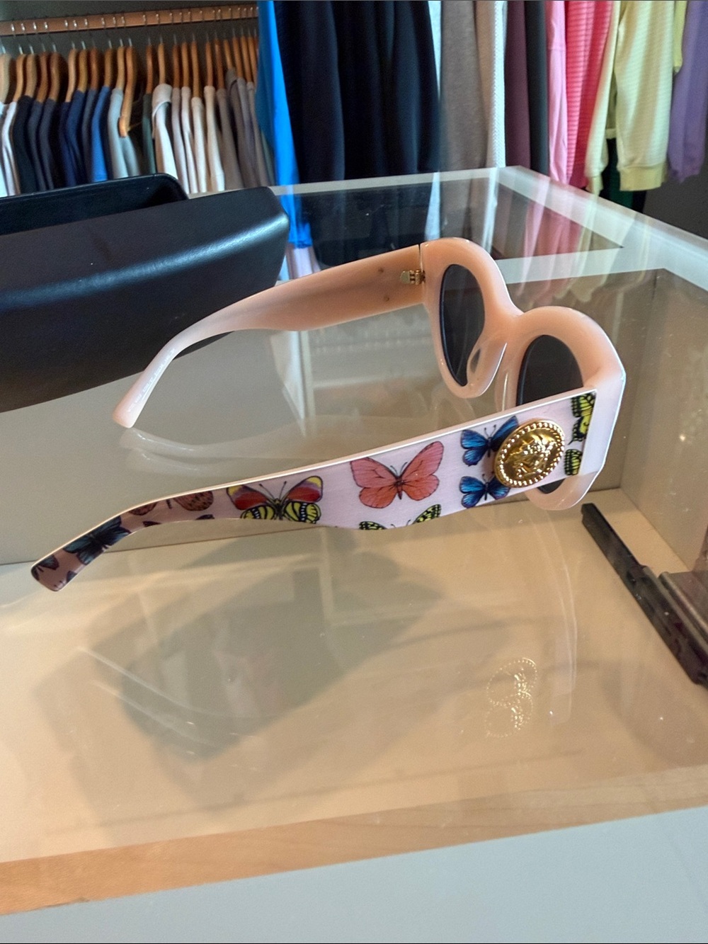 Versace Pink Butterfly Print Round Sunglasses - Picture 4 of 4